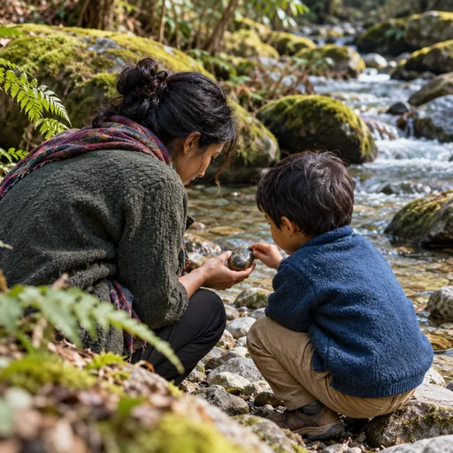 An adult and child exploring pebbles at the edge of a woodland stream