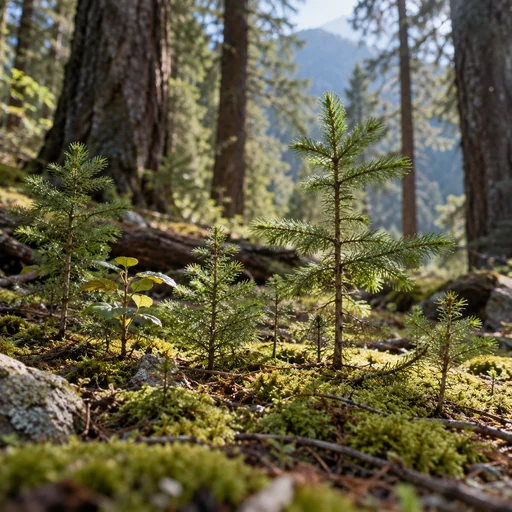 Saplings of different sizes growing together in a mossy forest