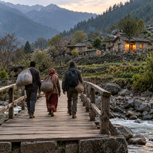 Travellers crossing a river bridge towards a mountain village