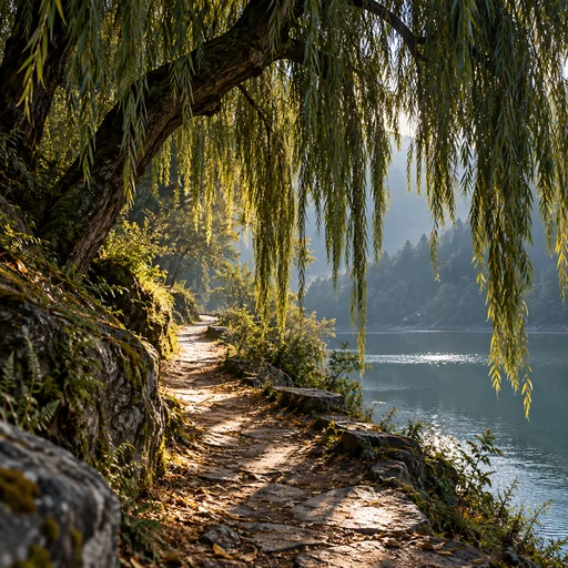 A shaded willow path lit by shafts of sunlight