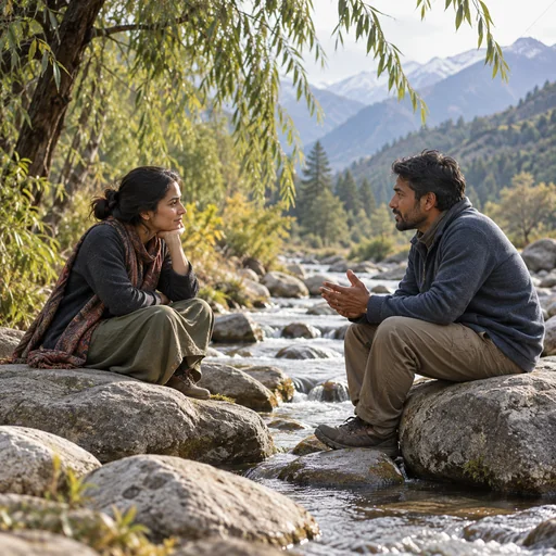 Two people in quiet conversation beside a stream