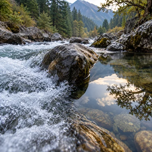 A still reflective pool beside a rushing mountain stream