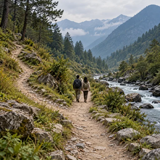 Two people walking side by side on a mountain path beside a stream