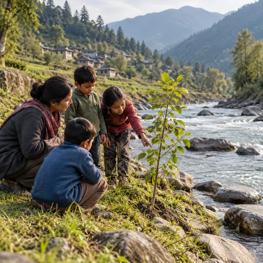 Children and an adult observing a young tree beside a river