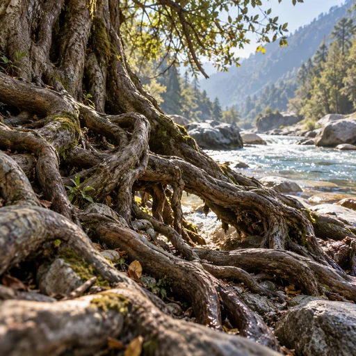 Interwoven tree roots opening towards a sunlit stream