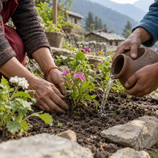 Hands tending and watering young flowers in a shared garden