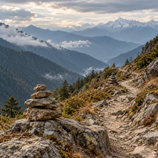 Stone cairns marking a winding trail through distant mountain ridges
