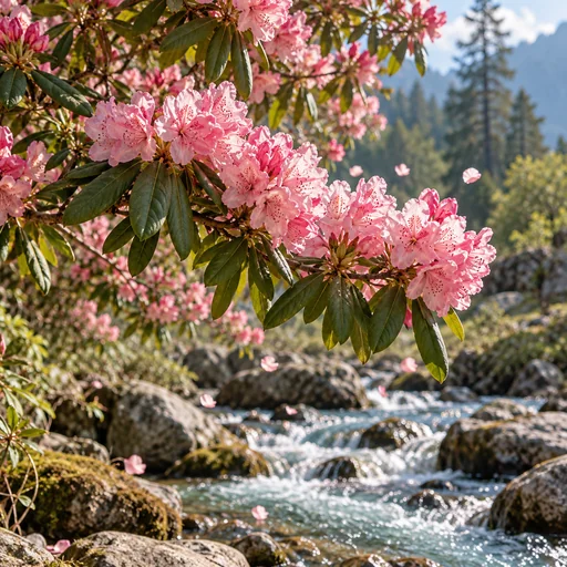 Rhododendron blossoms bending in a spring breeze above a brook
