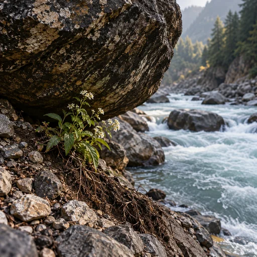 A small wild plant surviving beneath an overhanging riverbank boulder